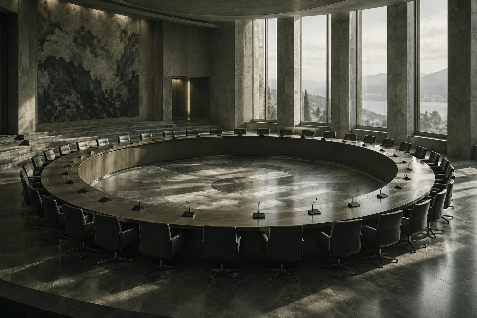 Conceptual international meeting chamber with an empty circular table and many chairs in soft daylight