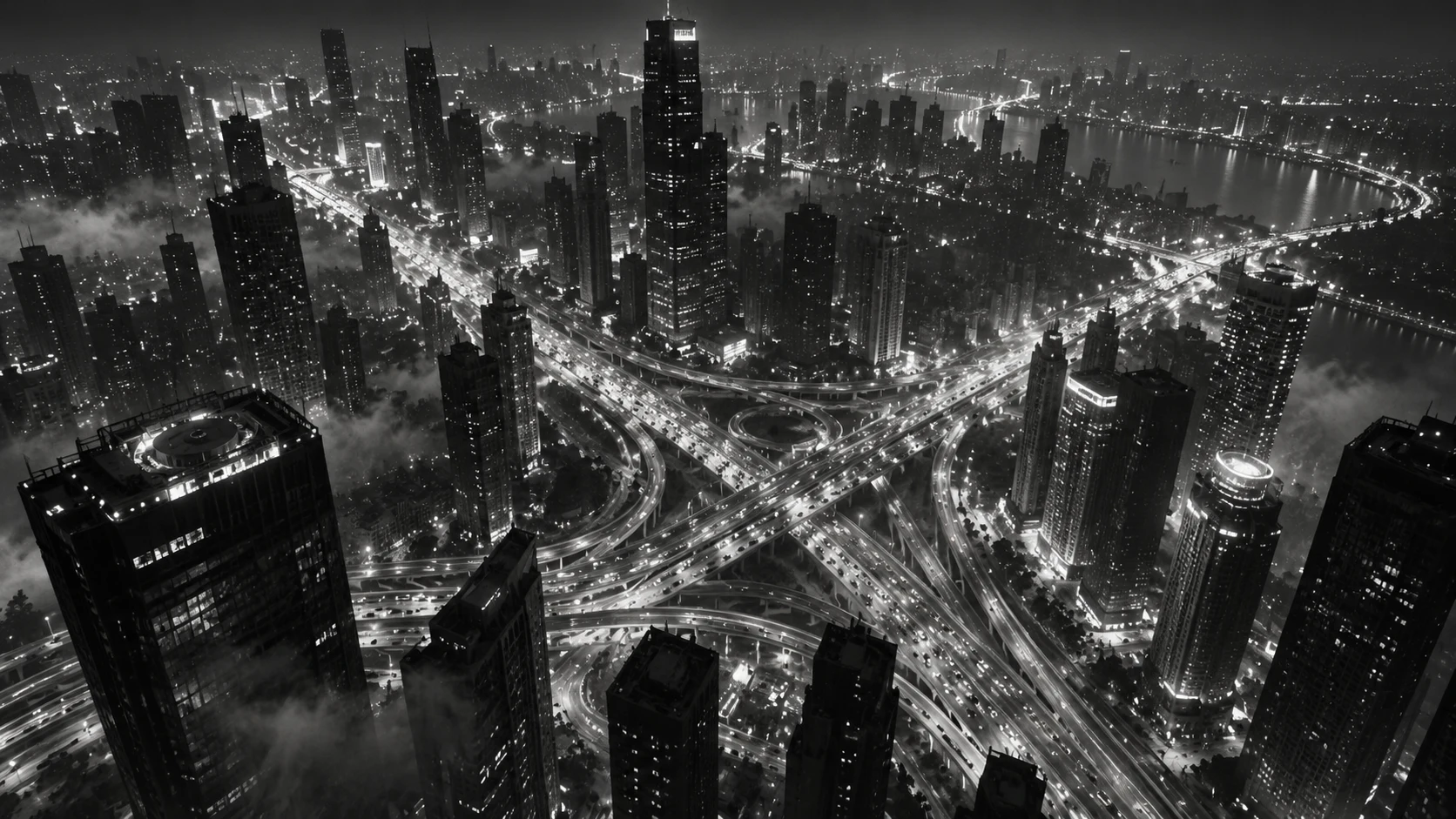 Conceptual monochrome aerial view of a city at night, its roads illuminated by moving traffic