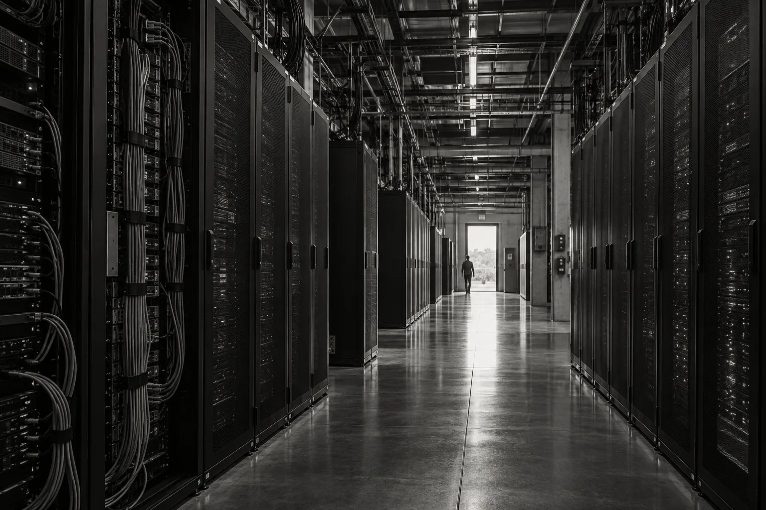 Conceptual monochrome data center with rows of server cabinets and a distant doorway admitting daylight