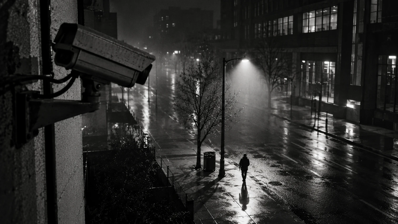 Conceptual illustration of a generic security camera overlooking a lone pedestrian in a city at night